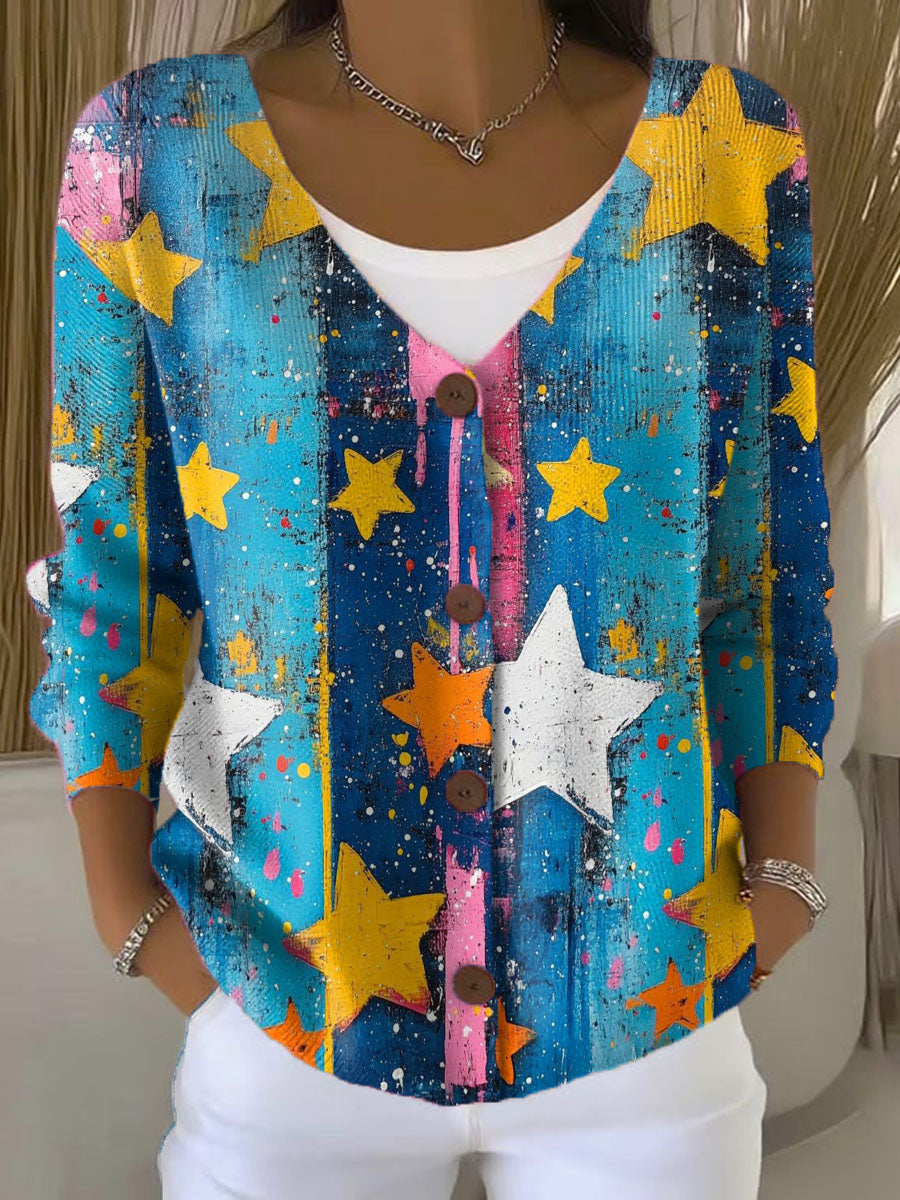 colorful-stars-and-vertical-stripes-print-buttoned-v-neck-cardigan-sweater