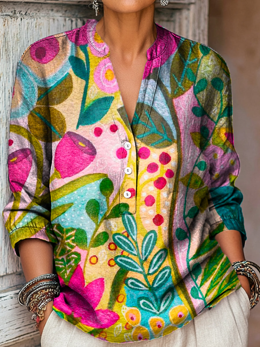 Women's Beautiful Colorful Abstract Floral Painting Art Print Casual Cotton And Linen Shirt