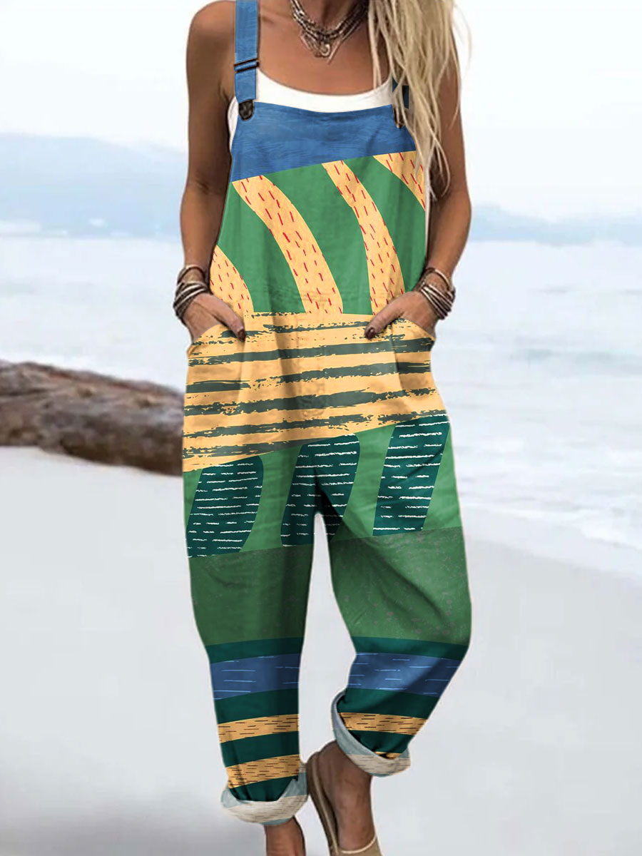 Women's Colorful Abstract Farmland Art Print Casual 100% Cotton Wide Leg Jumpsuit