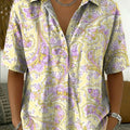 Women's Vintage Botanical Floral Casual Polo Collar Short-sleeved Linen And Cotton Shirt