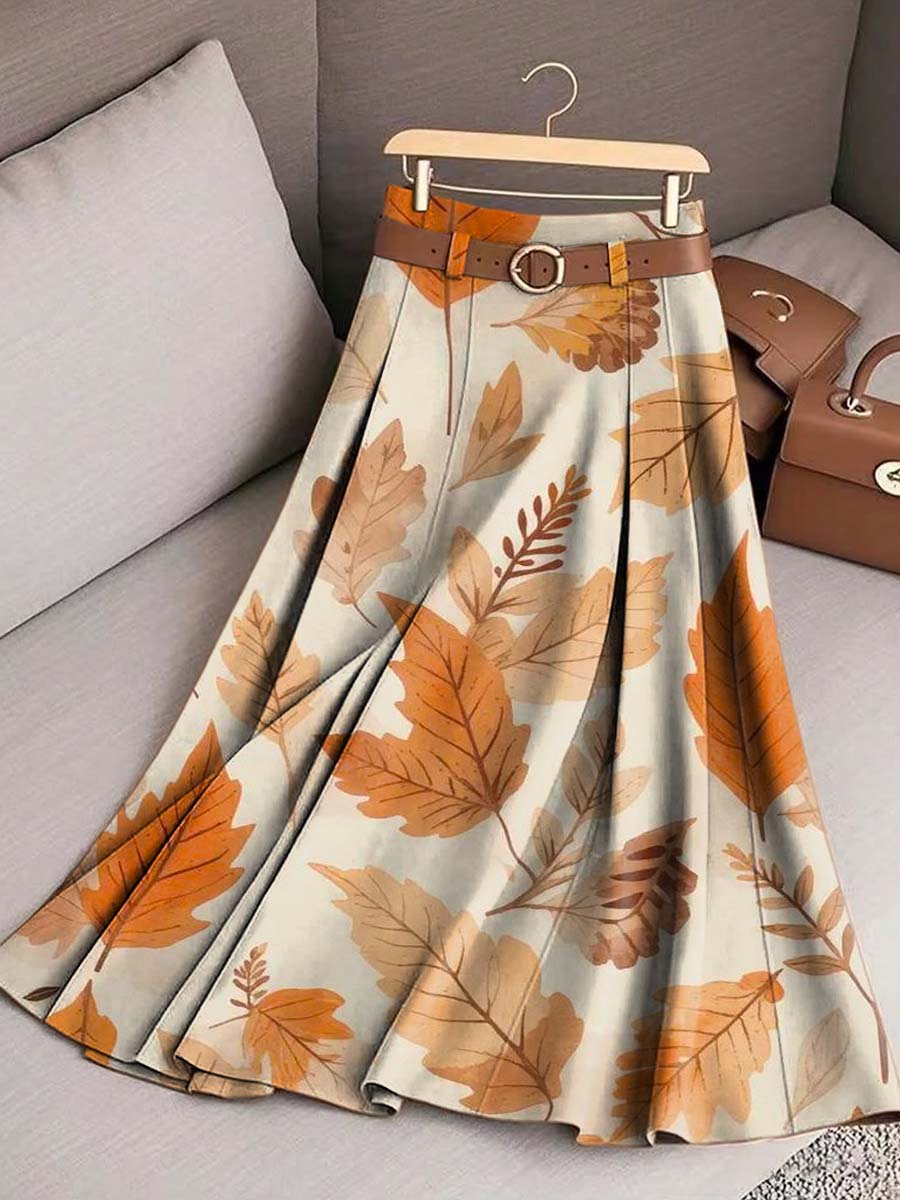 Women's Vintage Leaves Pattern Art Print Casual Cotton Skirt
