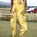 Women's  Funny  Bee Art Print Casual 100% Cotton Wide Leg Jumpsuit