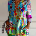 Colorful Abstract Painting Printed Women's Casual Cotton Shirt