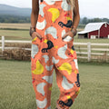 Women's  Funny Chicken Art Print Casual 100% Cotton Wide Leg Jumpsuit