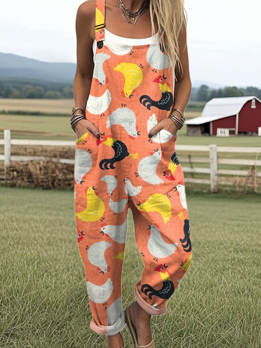 Women's  Funny Chicken Art Print Casual 100% Cotton Wide Leg Jumpsuit