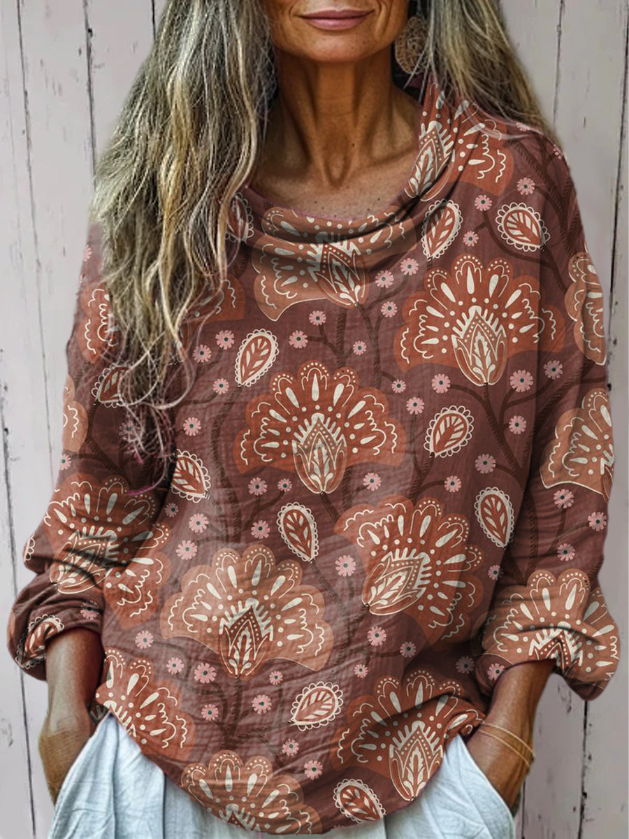 Women's Vintage Ethnic Geometric Floral Painting Art Print Casual Long Sleeve Comfortable Cotton Shirt