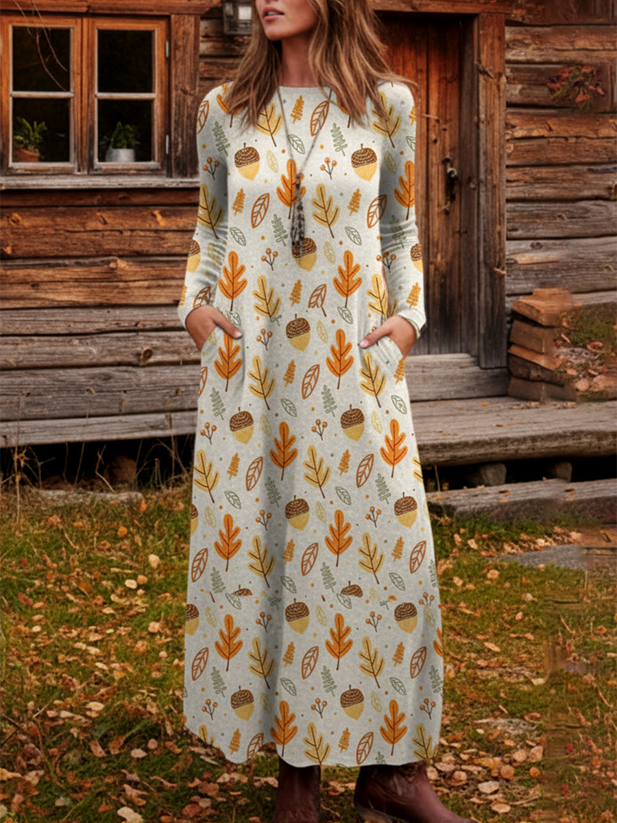 Forest Autumn Pine Cone Leaf Print Knitted Dress