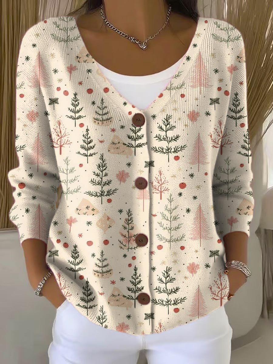 Women's Christmas Tree Art Print Buttoned V-neck Cardigan Sweater