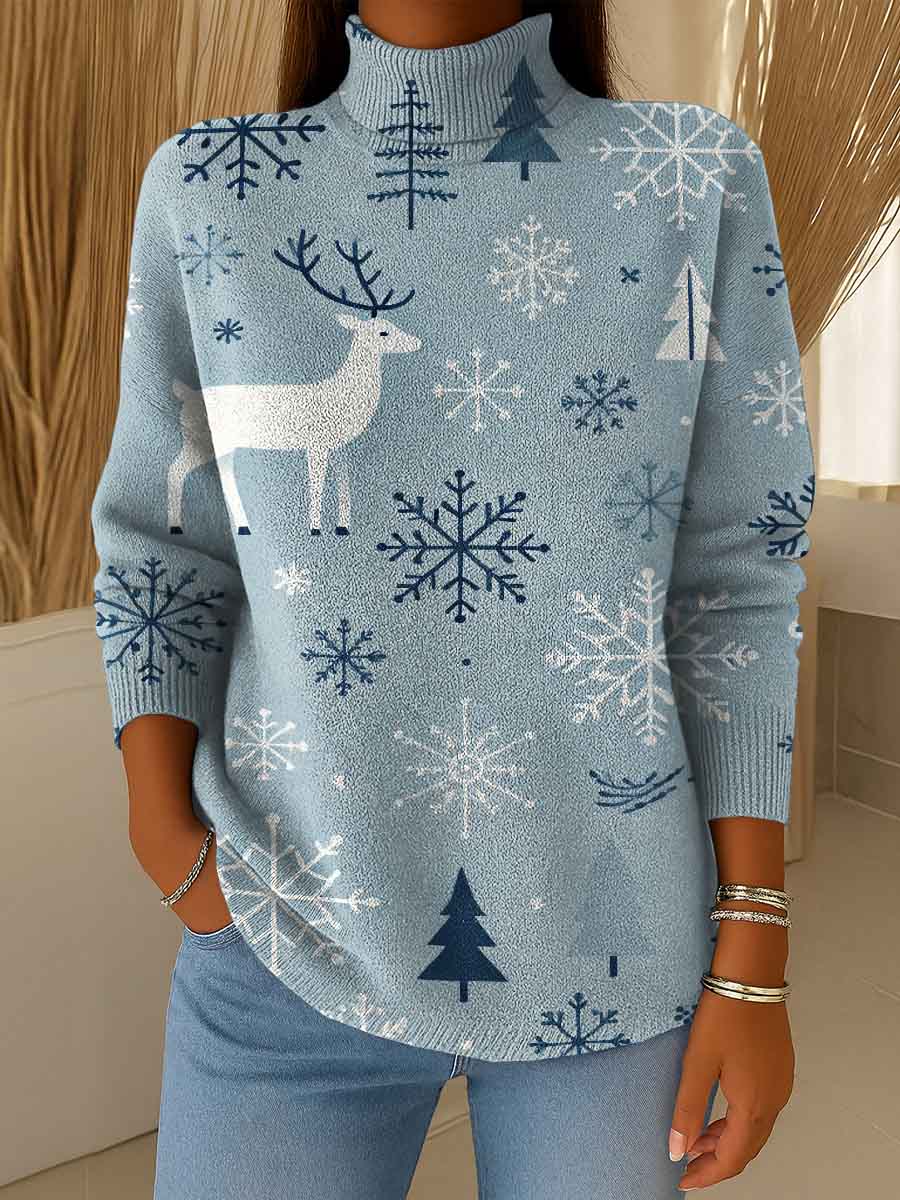 Women's Christmas Print Turtleneck Long Sleeve Casual Loose Pullover Sweater