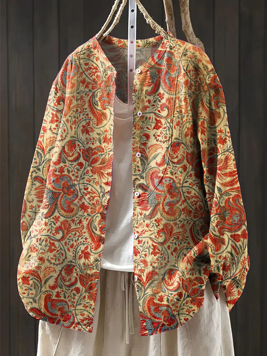 Women's Vintage Floral Pattern Art Print Casual Cotton And Linen Shirt