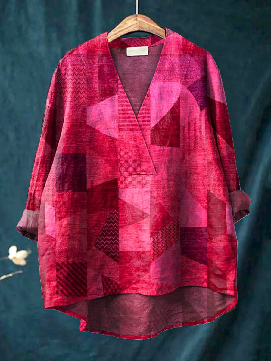 Ethnical Style Patchwork Pattern Printed Women's Casual Cotton And Linen V-neck Shirt