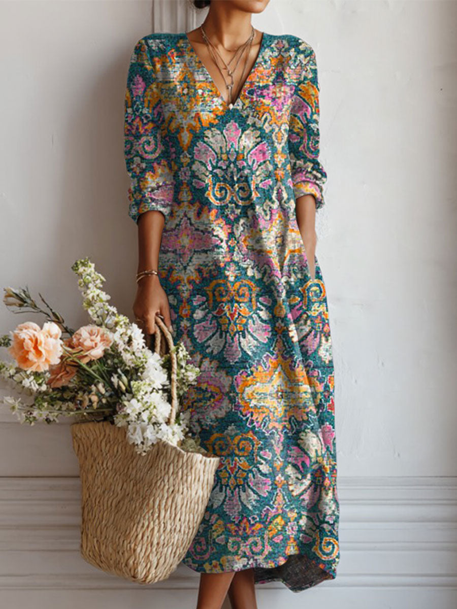 Women's Vintage Flower Art Print Linen Pocket Tunic Dress