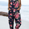 Women's Vintage Flower Art Print Casual 100% Cotton Wide Leg Jumpsuit