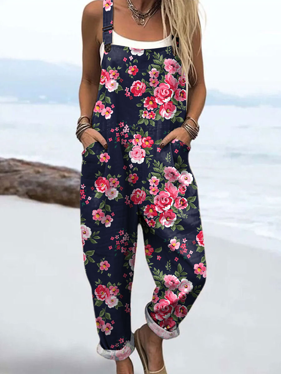 Women's Vintage Flower Art Print Casual 100% Cotton Wide Leg Jumpsuit