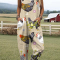 Women's Lovely Chicken Art Print Casual 100% Cotton Wide Leg Jumpsuit