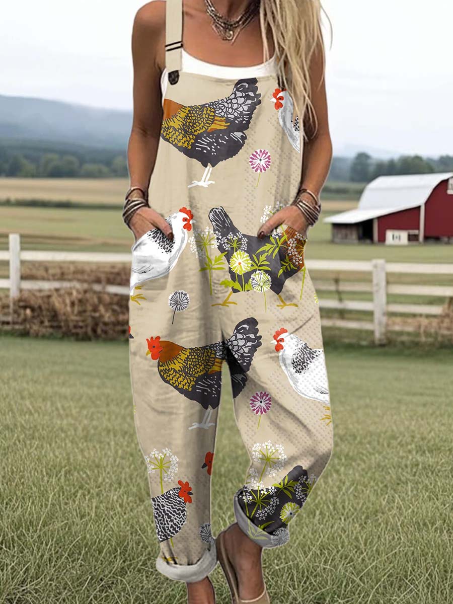 Women's Lovely Chicken Art Print Casual 100% Cotton Wide Leg Jumpsuit