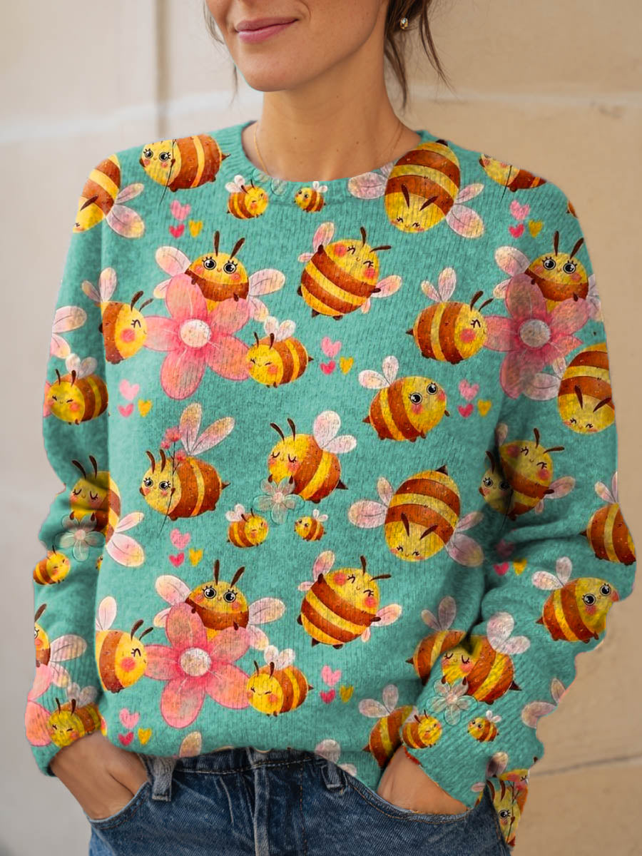 womens-lovely-bees-art-print-knit-pullover-sweater