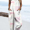 Women's Artistic Floral Bow Print Casual 100% Cotton Wide Leg Jumpsuit