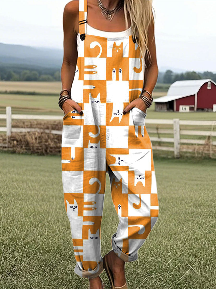 Women's Funny Color Block Cat Art Print Casual 100% Cotton Wide Leg Jumpsuit