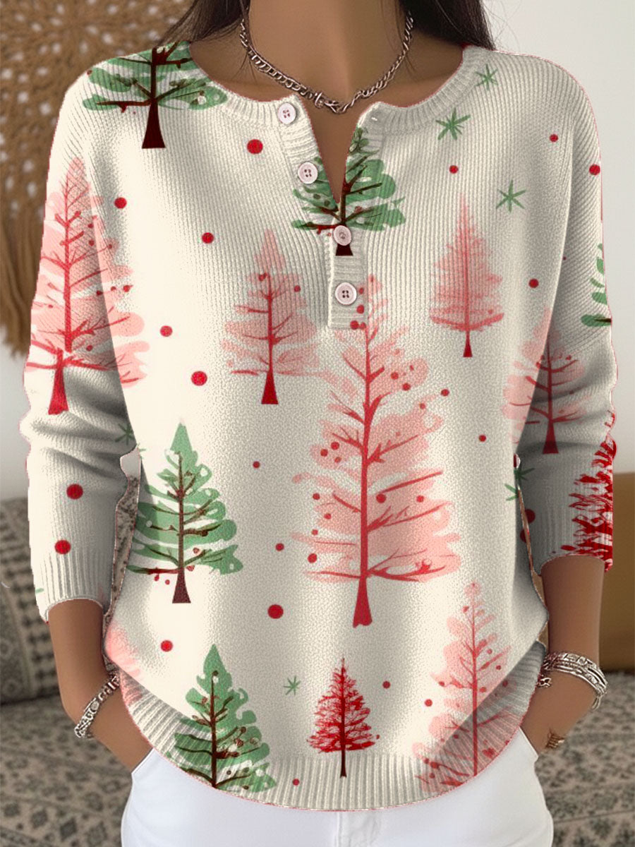 Women's Christmas Tree Art Print Buttoned Cardigan Sweater