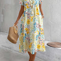 Yellow Pocket Floral Print A Line Short Sleeve Dress