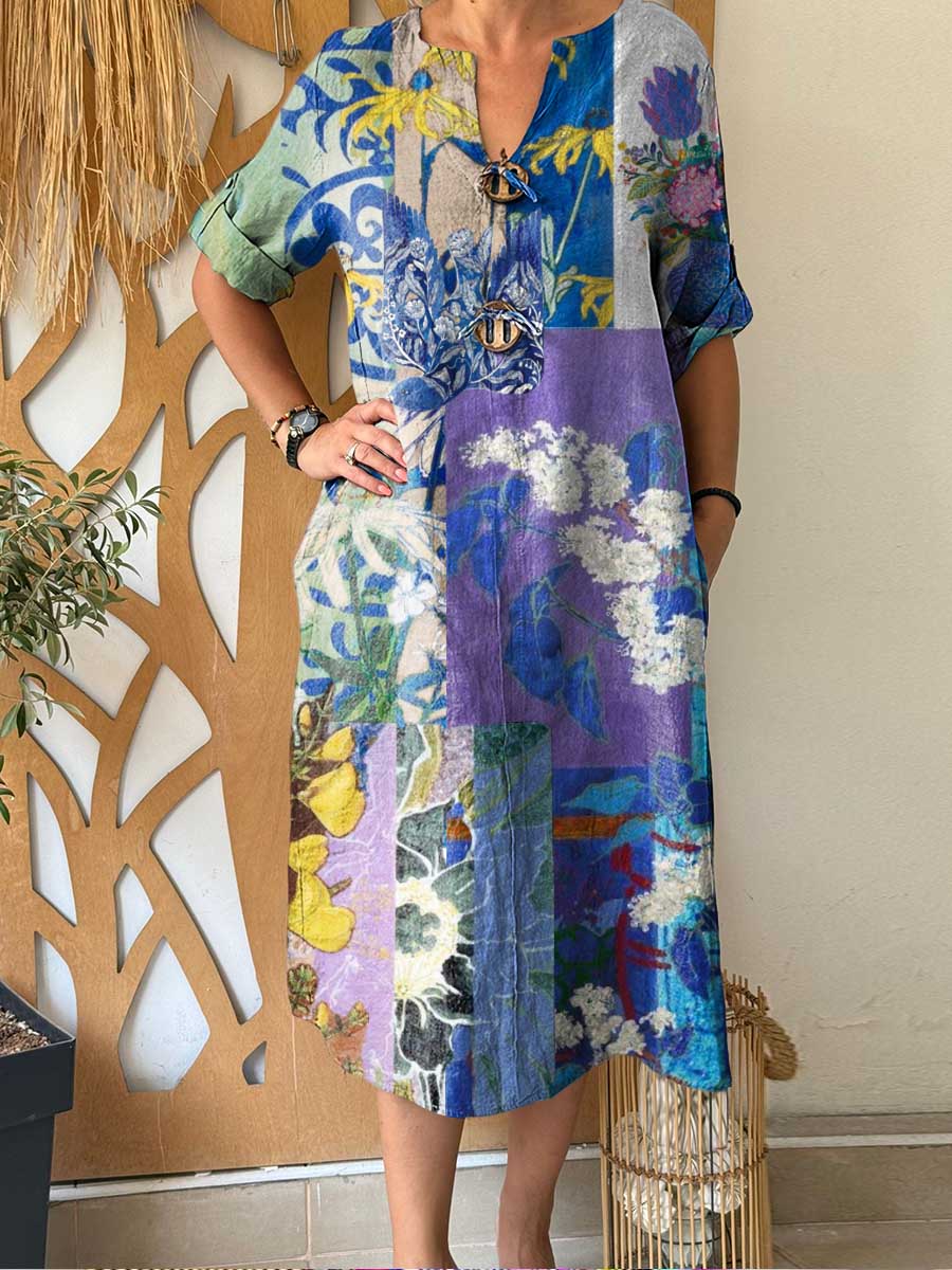 Women's Retro Print V-Neck 3/4 Sleeve Casual Loose Cotton and Linen Dress