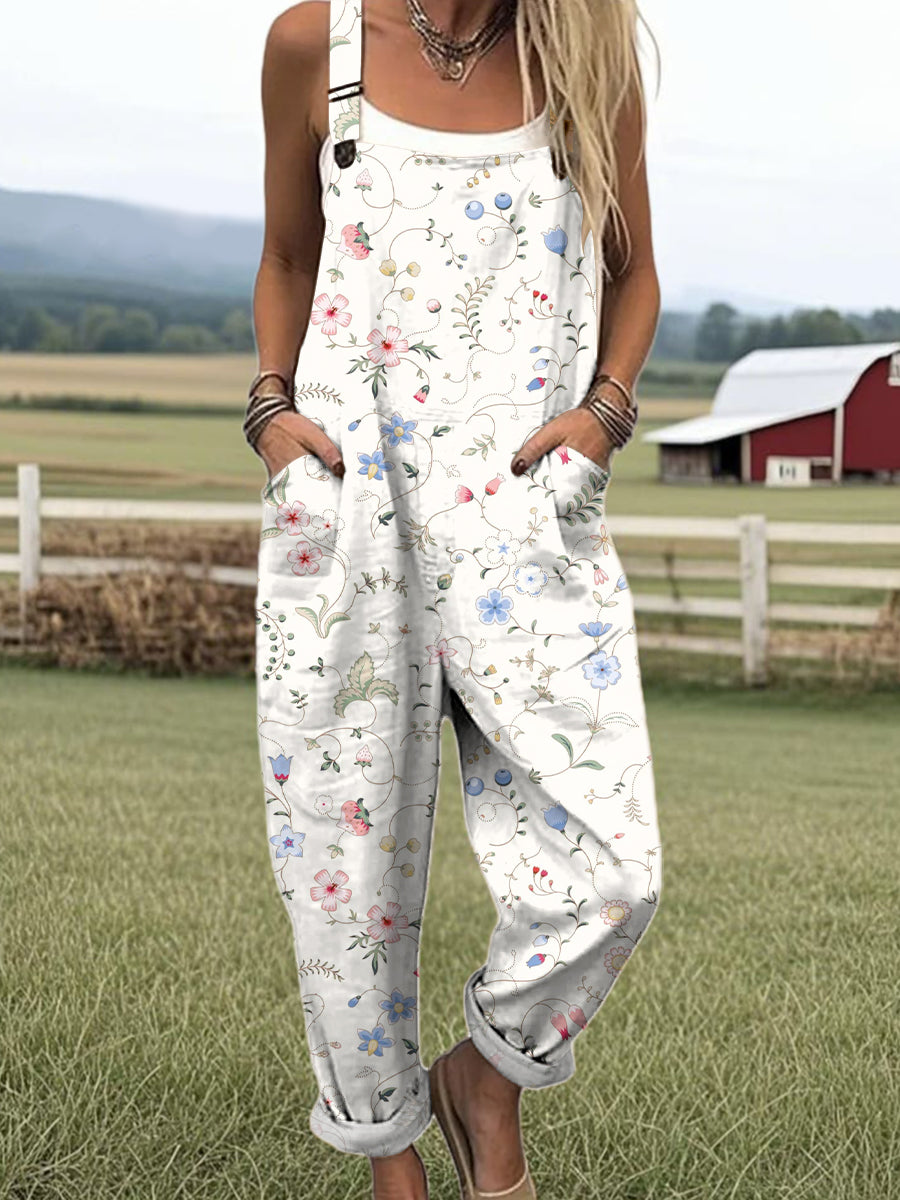 Women's Creative Art Flower Print Casual 100% Cotton Wide Leg Jumpsuit