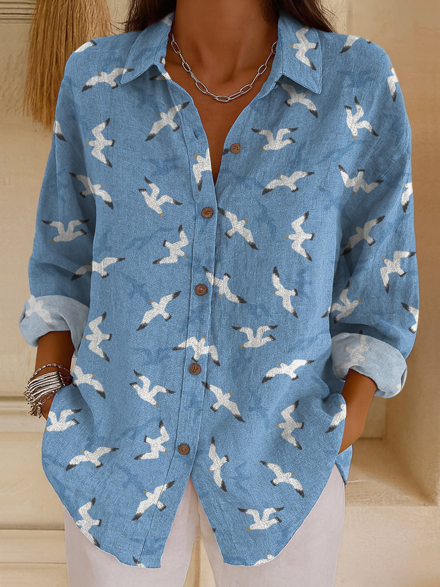 Women's Seagull Print Casual Cotton Shirt