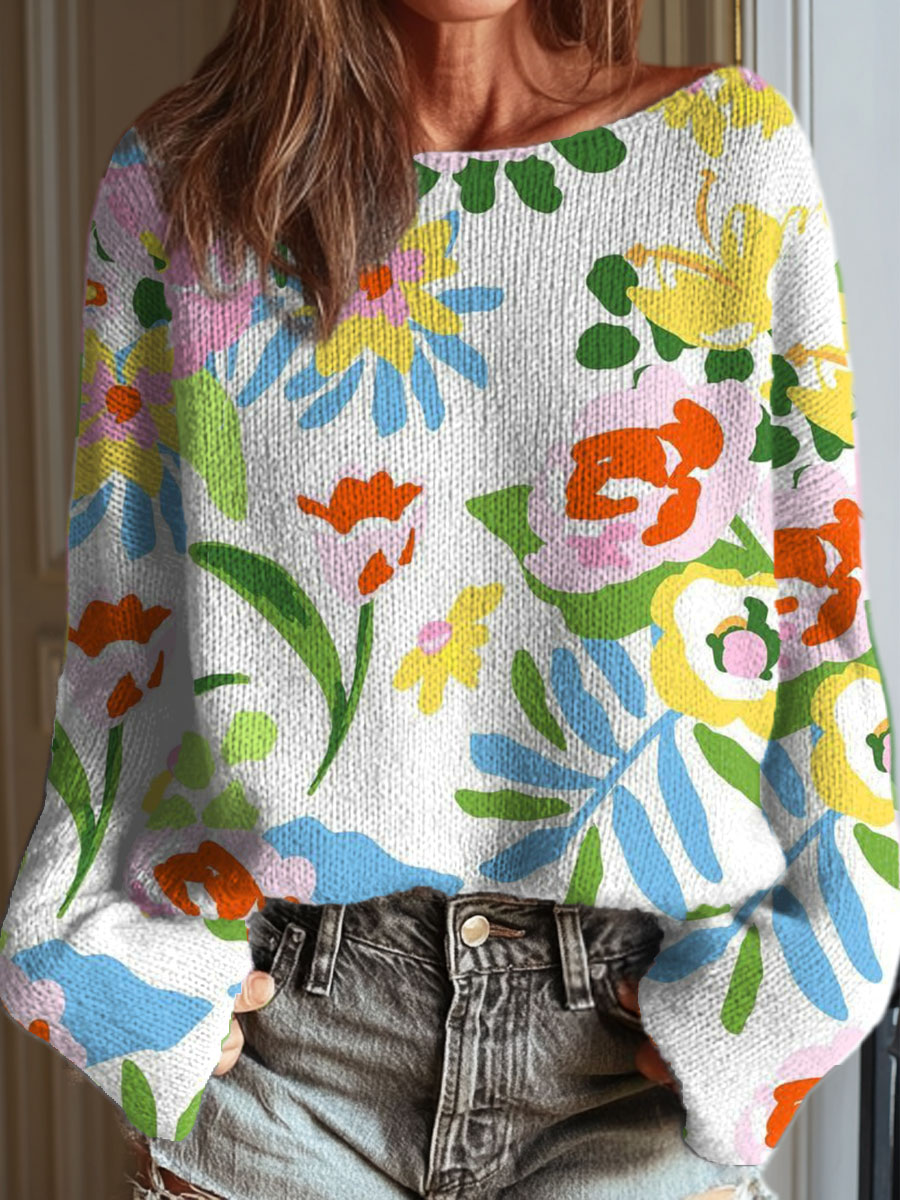 womens-vintage-flower-art-print-casual-pullover-sweater-ctp4