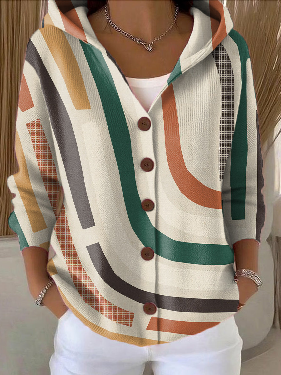 Women's Abstract Geometric Stripes Painting Art Print Casual Hooded Button Sweater