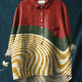 Women's Red-yellow Color-block Ripples Print Casual Cotton And Linen Shirt