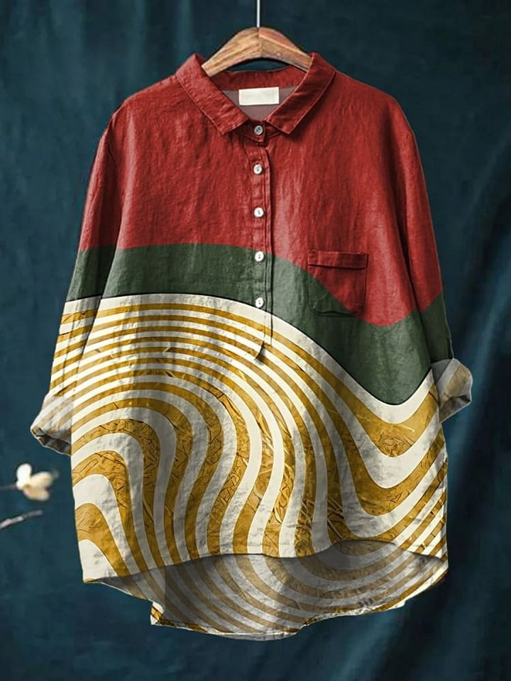 Women's Red-yellow Color-block Ripples Print Casual Cotton And Linen Shirt
