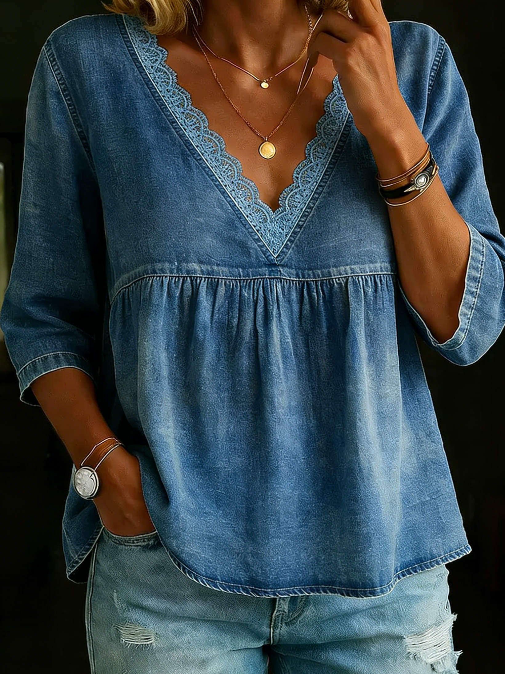 Retro Casual Lace Collar Denim Shirt Top