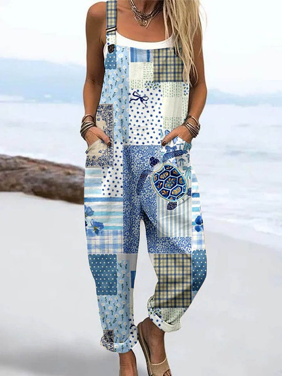 Women's Lovely Turtle Floral Patchwork Art Print Casual 100% Cotton Wide Leg Jumpsuit