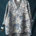 Women's Cute Flowers Art Print Casual Cotton And Linen V-neck Shirt