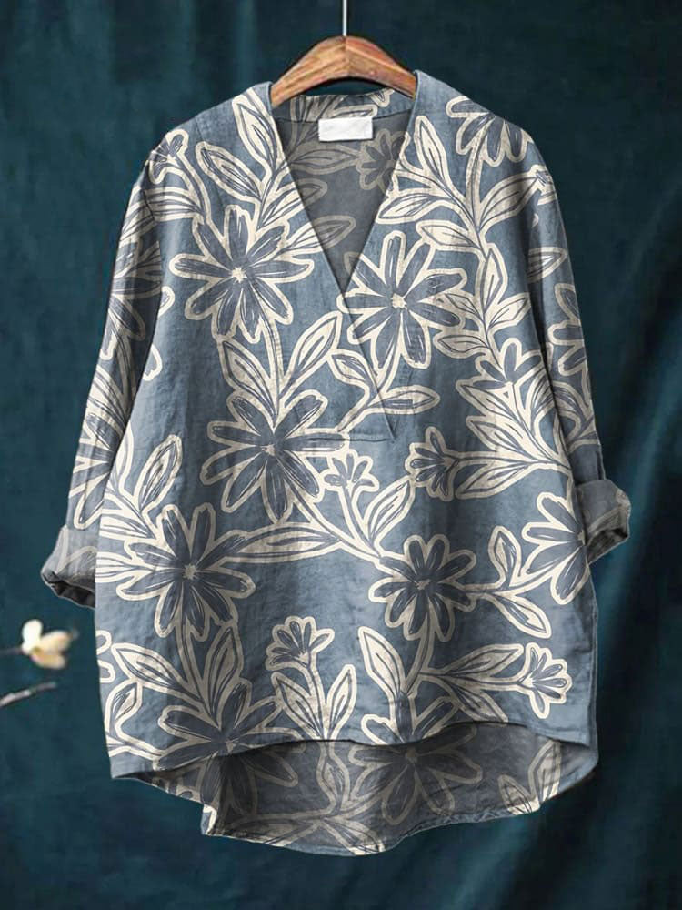Women's Cute Flowers Art Print Casual Cotton And Linen V-neck Shirt