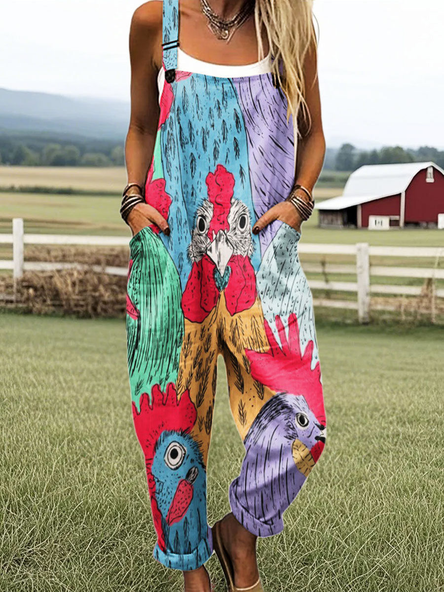 Women's Vintage Funny Farm Chicken Art Print Casual 100% Cotton Wide Leg Jumpsuit
