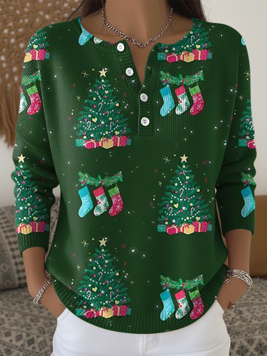 Women's Christmas Tree Pattern Art Print Buttoned Cardigan Sweater