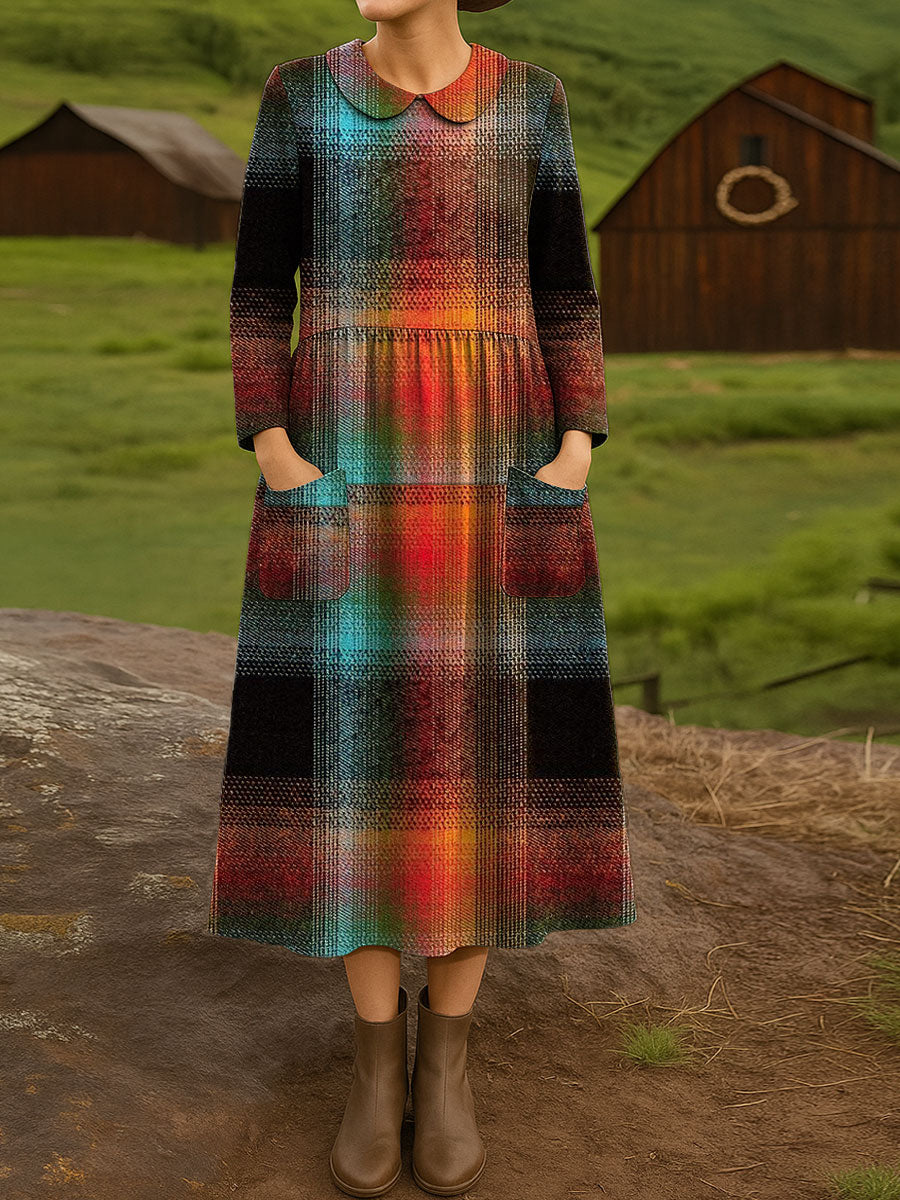 Women's Vintage Plaid Art Print Cotton Lapel Button-Down Shirt Dress