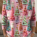 Women's Lovely Christmas Tree Cats Pattern Art Print Buttoned Cardigan Sweater
