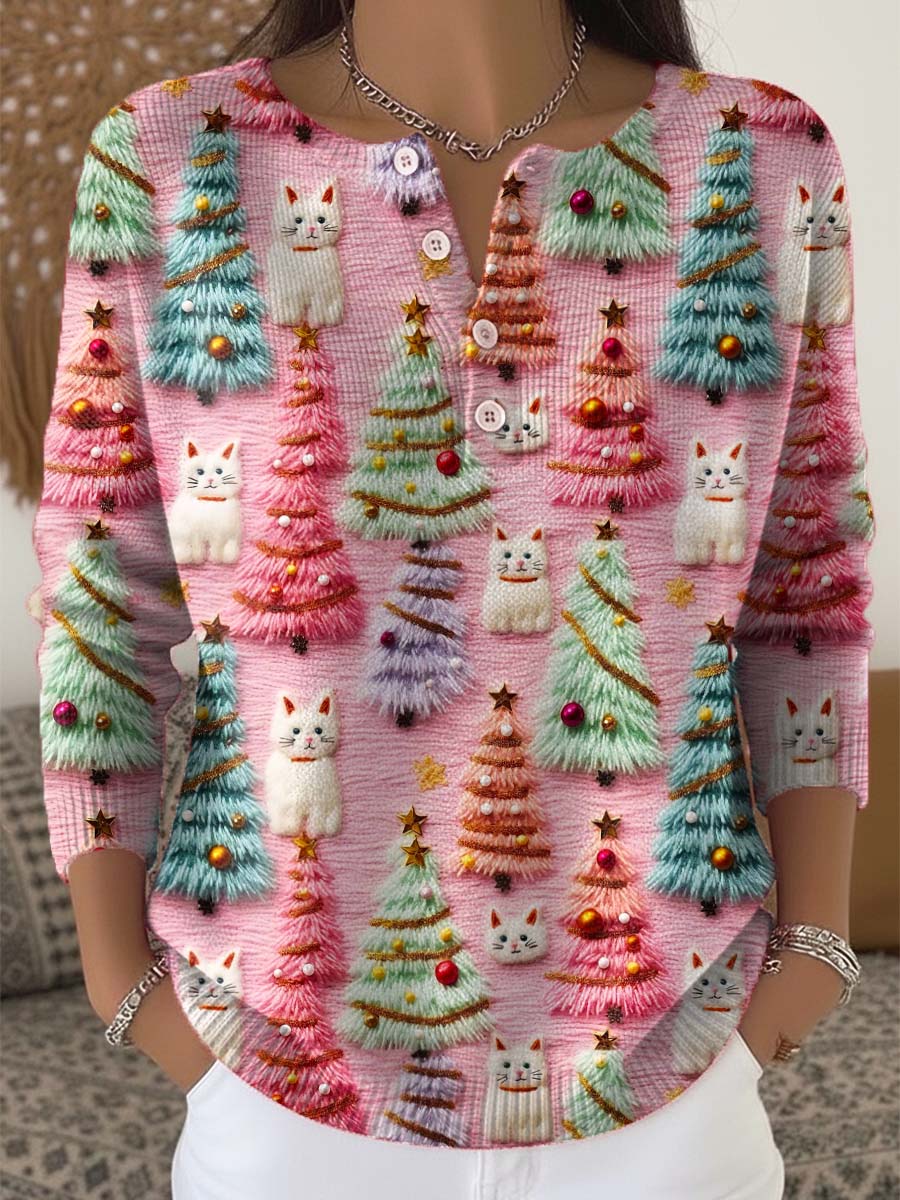 Women's Lovely Christmas Tree Cats Pattern Art Print Buttoned Cardigan Sweater