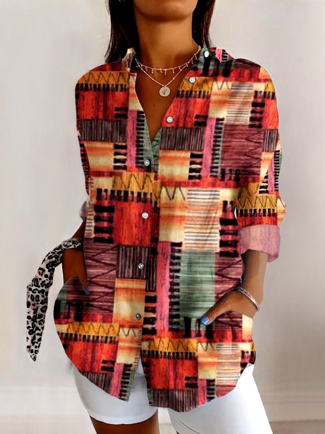 V Neck Long Sleeve Geometric Regular Micro-Elasticity Regular Fit Shirt For Women