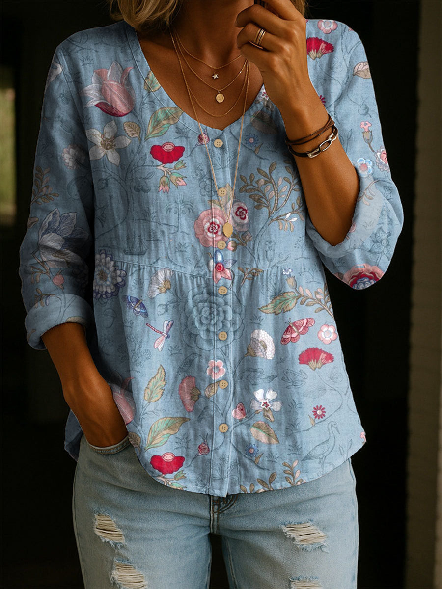 Women's Floral Pattern Art Print Casual Cotton Shirt
