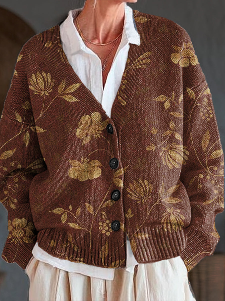 vintage-floral-painting-art-print-buttoned-v-neck-cardigan-sweater