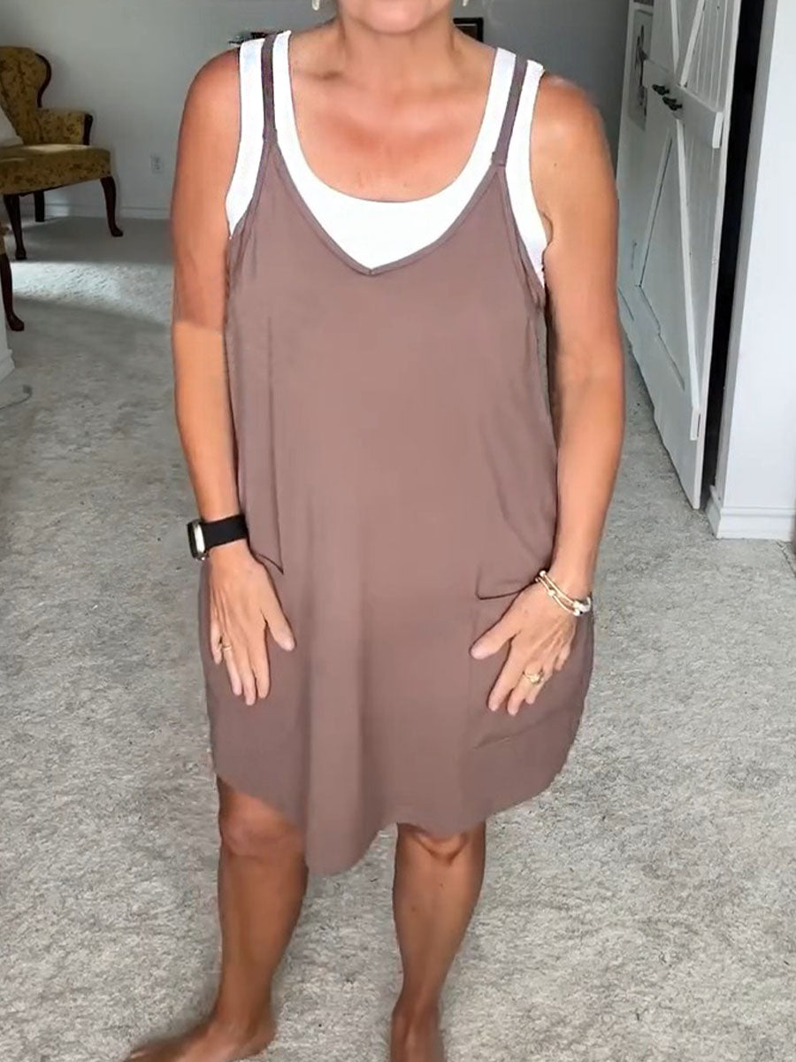 Women's Solid Color V-Neck Casual Pocket Cotton and Linen Jumpsuit