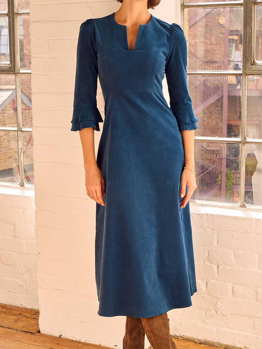 Women's Elegant V-neck Stretch Corduroy Midi Dress