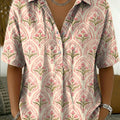 Retro Botanical & Geometric Print Cotton-linen Short-sleeve Shirt