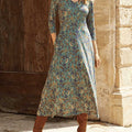 Women's Vintage Floral Print V-Neck 3/4 Sleeve Cotton Dress