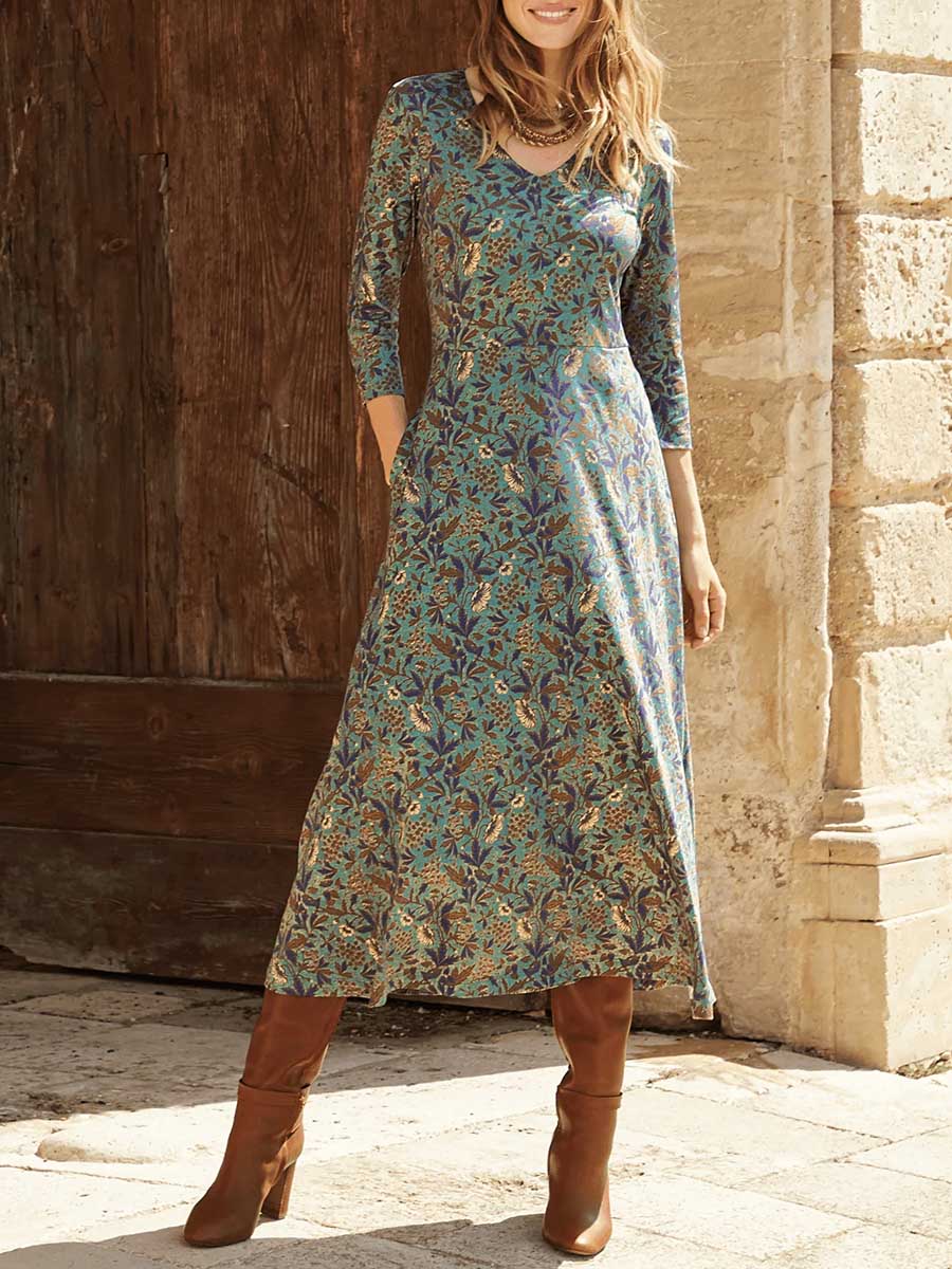 Women's Vintage Floral Print V-Neck 3/4 Sleeve Cotton Dress