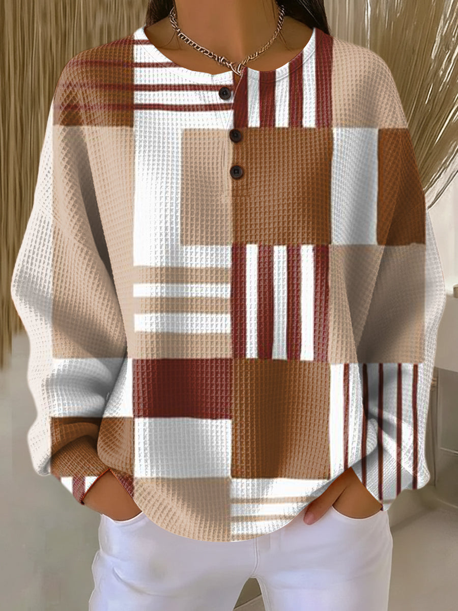 Women's Abstract Geometric Check Painting Art Print Casual Cotton Sweatshirt